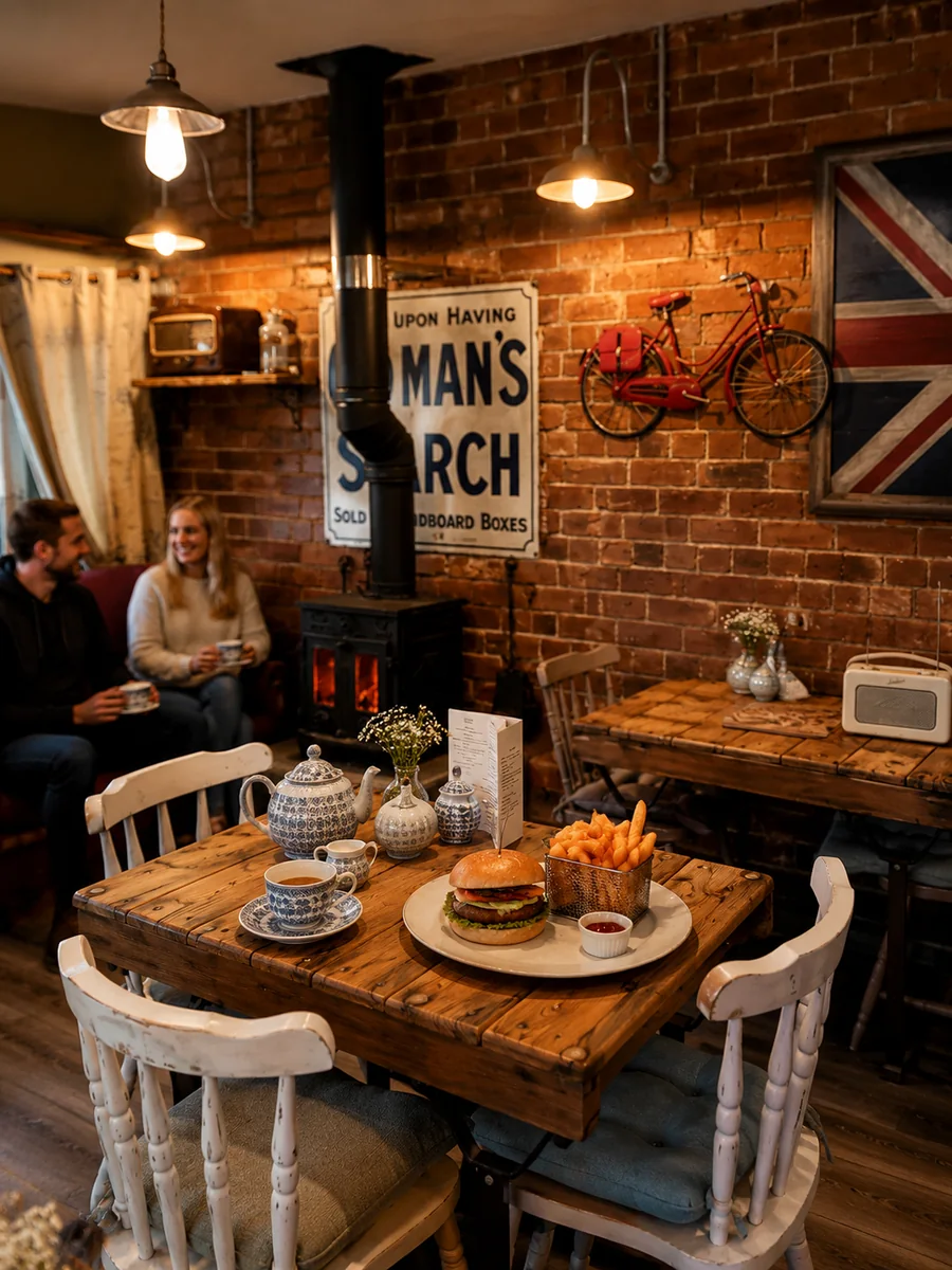 Cosy dining room with a wood-burning stove, tea service and burger at Fenland Hideaway