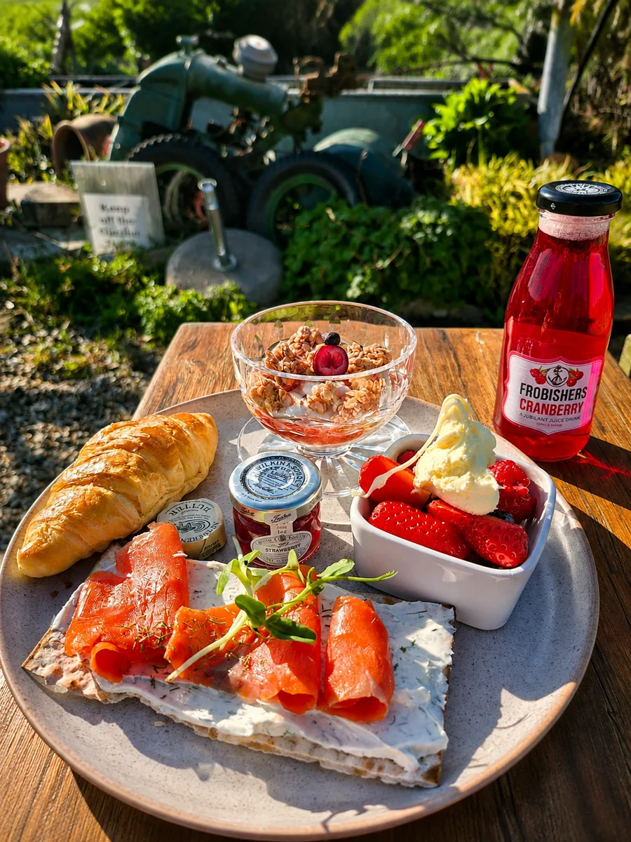 An outdoor spread with croissant, smoked salmon, fruit and cranberry drink