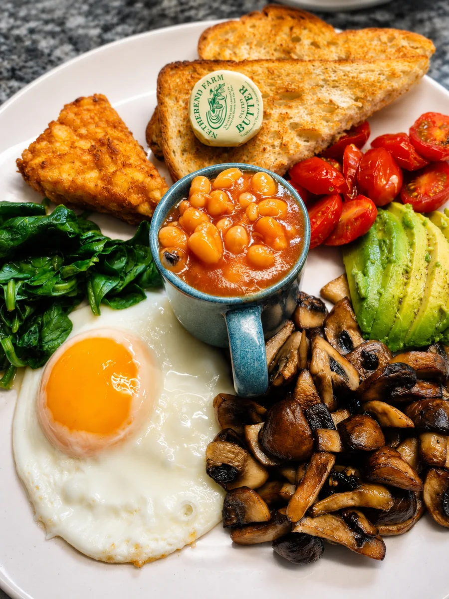 A full breakfast with eggs, toast, beans, tomatoes, spinach and mushrooms