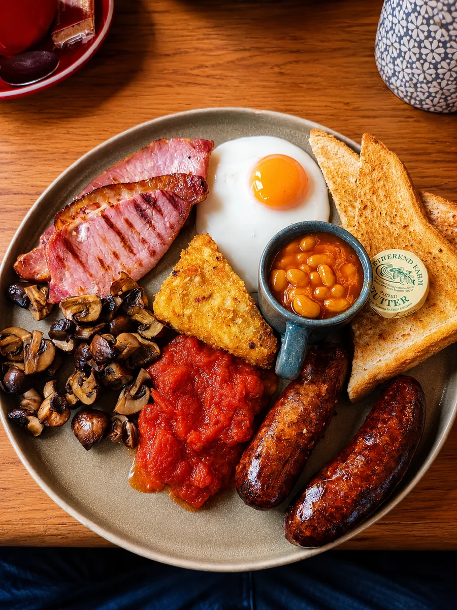 A full English breakfast with eggs, bacon, sausages, beans, mushrooms and toast
