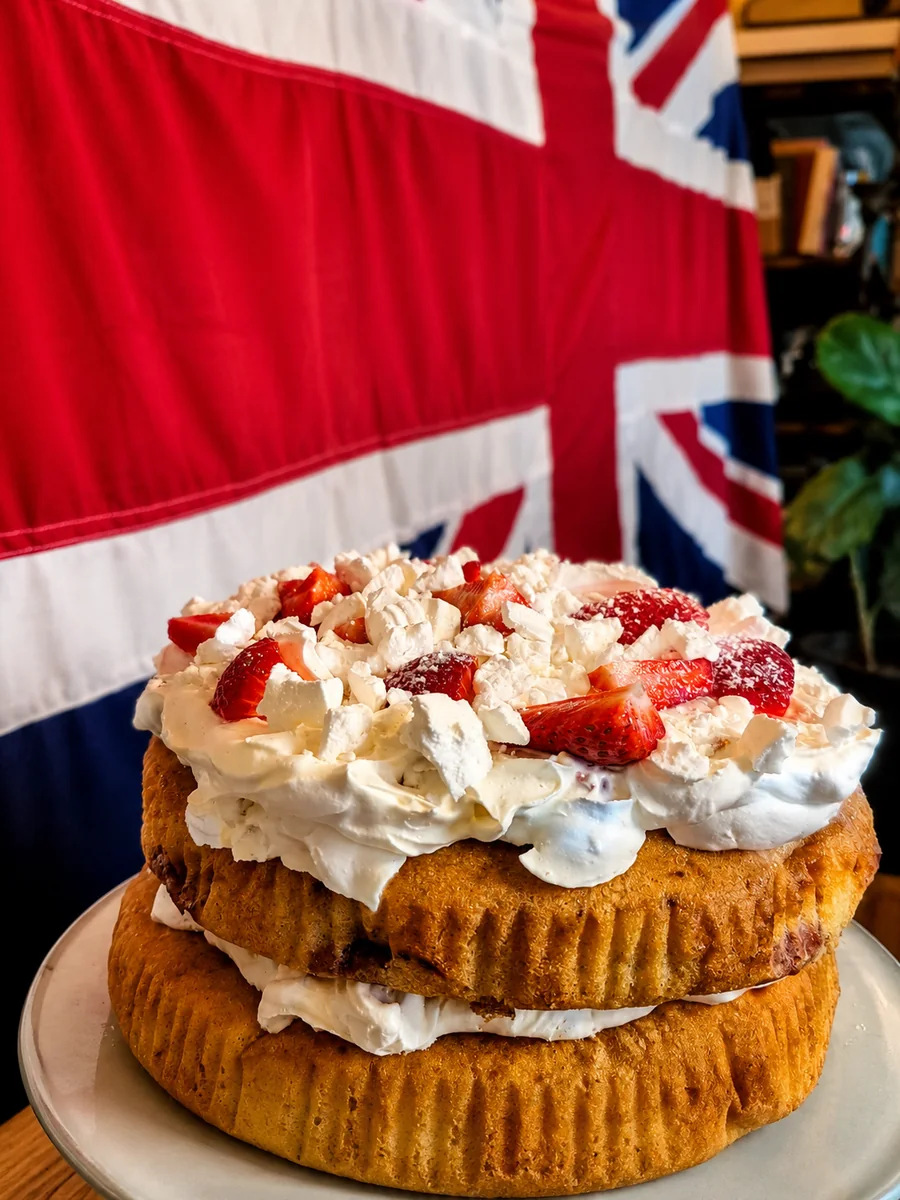 A strawberry-topped homemade cake at Fenland Hideaway